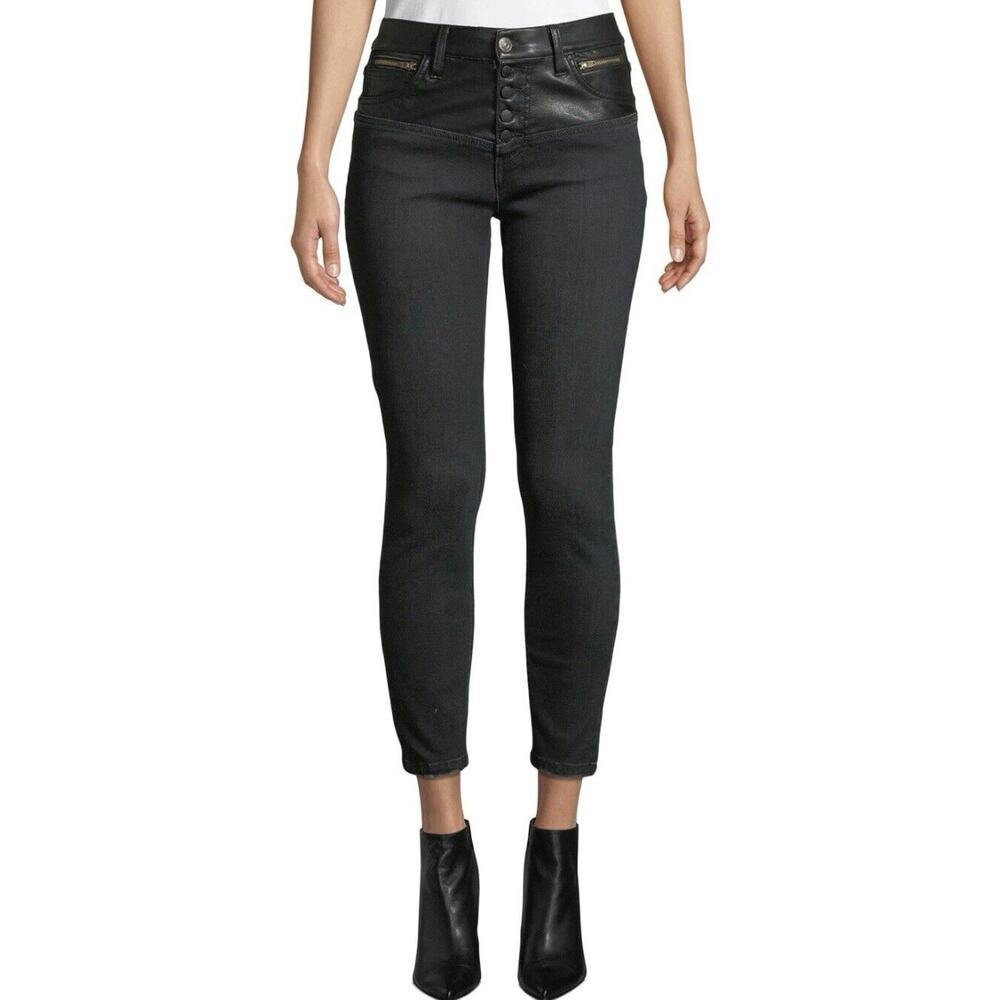 Current Elliott The Fused Faux Leather Denim Skinny Jeans Size 28 Black Emo Moto
